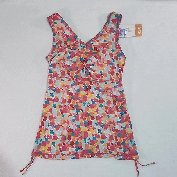 NWT UV Skinz Tankini Swim Top S Multicolor Dot Print UPF 50+ Ruched Bust - Picture 2 of 9